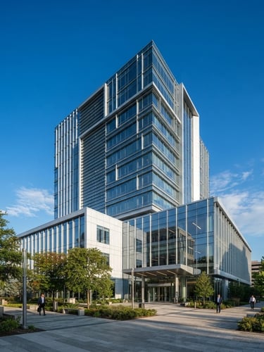 Wide shot of a modern, well-maintained commercial building with clean architectural lines under crisp morning sun, deep blue sky, sharp focus.