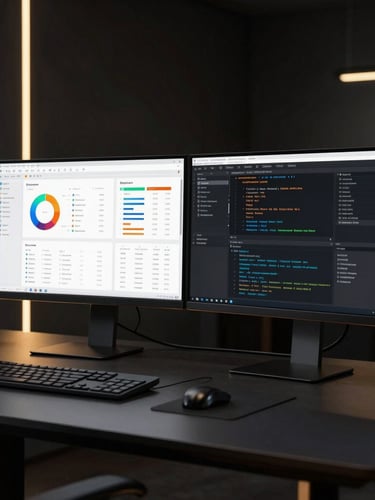 Sleek modern workspace with dual monitors displaying analytics dashboards and code, dramatic low-key lighting with subtle gold accents, premium dark-mode photography