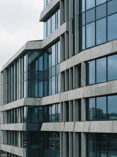 A striking architectural crop of a Baltic corporate office, concrete and glass geometry, cool overcast northern daylight, desaturated forest green and silver tones, sharp focus, 35mm