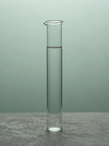 A tall portrait shot of minimalist laboratory glassware filled with clear fluids, resting on a raw concrete surface, cool overcast daylight, desaturated forest green tones