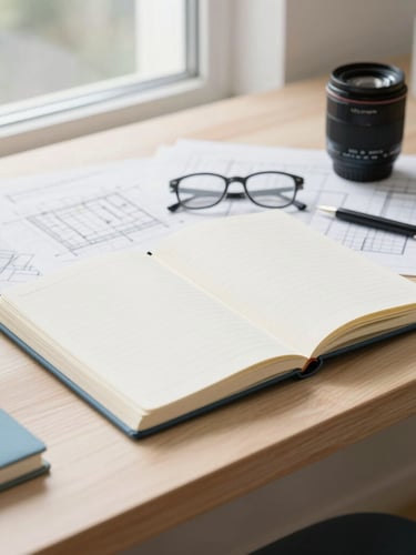 An organized workspace with a clean wooden desk, a notebook, architectural plans, and soft daylight filtering through a window, 35mm lens
