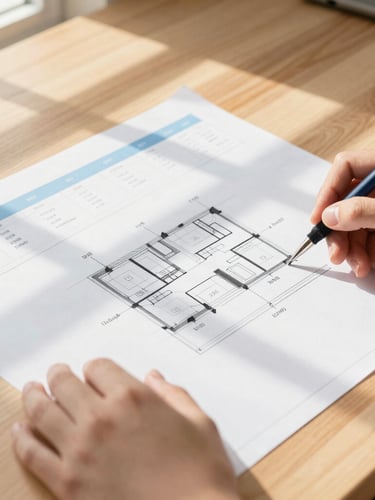 A close-up shot of hands reviewing architectural plans and a tax ledger on a warm wooden table, soft window shadows, natural light, editorial lifestyle photography