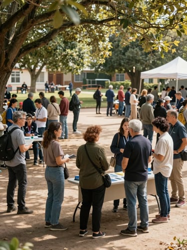 Wide environmental shot from the right edge: a daylight community health gathering in an open outdoor space, groups of adults standing in conversation around informational tables, natural canopy light filtering through trees, warm earth tones in clothing and surroundings, sense of organized activity and genuine exchange, no posed group photos