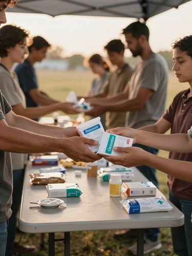 Close-up wide shot from the left edge: a volunteer's hands passing a small bundle of health supplies to an outstretched community member's hands across a folding table, warm golden-hour daylight streaming through an open tent, activity and exchange visible in the background, earth-tone clothing, no posed faces