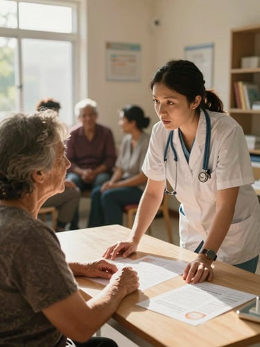 Wide portrait frame, right-bleed: a community health worker in a warm-toned clinic space, leaning over a table to speak directly with an elderly woman seated across from her, natural daylight through a side window casting soft golden light across both figures, hands resting on printed health materials, background slightly out of focus showing other community members gathered in the space