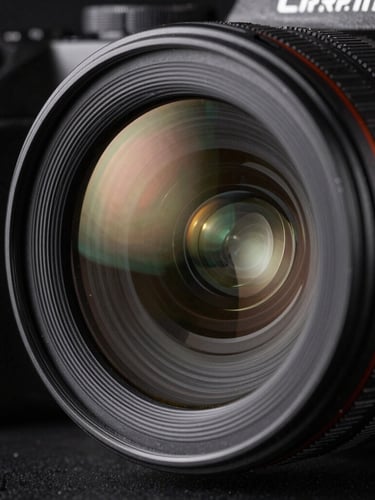 Extreme close-up of a high-end camera lens reflecting a sharp studio light, dark background, industrial aesthetic.