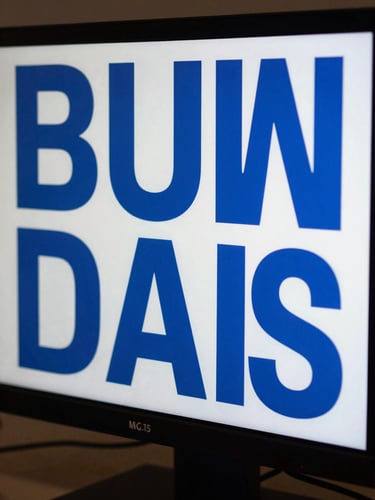Macro studio shot of a high-end digital monitor displaying a bold, cobalt-blue typography layout, sharp shadows, cold clean daylight, high-contrast