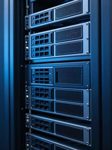 Macro shot of modern clean server racks with cool blue ambient light, high-contrast corporate tech-noir, 35mm lens
