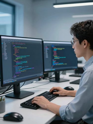 A professional software developer analyzing complex code structures on a high-resolution monitor in a cool-toned office environment, 35mm lens