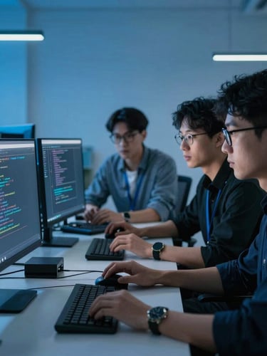 Medium-close shot of software developers collaborating over code screens in a cool-toned office environment, low-key blue ambient light, crisp studio focus, 35mm lens