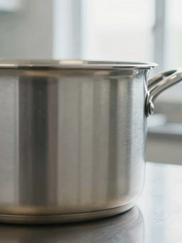 Side profile close-up of a high-end surgical steel pot, showing the thick multi-layered base, clean clinical kitchen environment, soft natural lighting