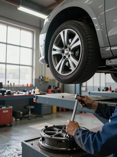 Wide panoramic shot of a car elevated on a hydraulic lift inside a clean workshop, a mechanic's hands gripping a torque wrench on a wheel hub in the foreground, cool north-light streaming from high workshop windows on the left, tools and equipment visible in soft focus behind