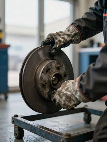 Extreme close-up of a mechanic's hands removing a worn brake disc on a workshop floor, cool diffuse daylight from a north-facing window, grease on gloves, new replacement disc visible in soft focus beside the old one on a steel trolley