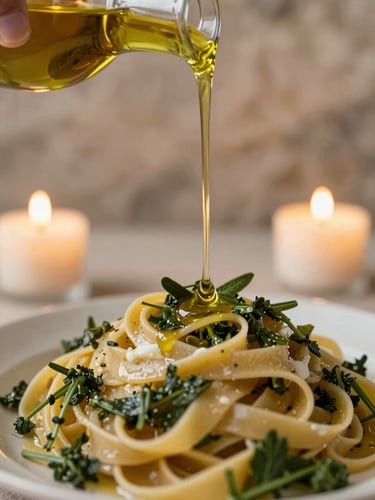 Close-up of golden extra virgin olive oil being drizzled over fresh hand-rolled pasta, warm candlelit lighting, rustic stone background, shallow depth of field