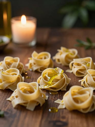 Intimate shot of fresh hand-rolled tagliatelle pasta nest on a dark wooden table, drizzled with golden olive oil, warm low-key candlelit lighting, shallow depth of field