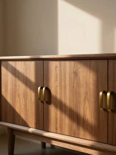 Editorial low-angle shot of a minimalist walnut sideboard with brushed brass handles, warm golden-hour window shadows casting geometric patterns, 35mm