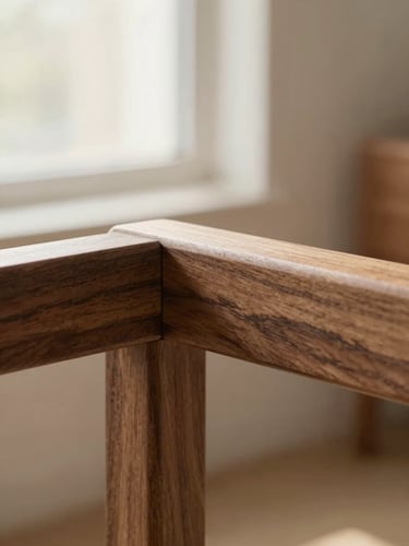 Close-up detail of a solid walnut wood joint, showcasing precise interlocking craftsmanship, soft morning light, shallow depth of field