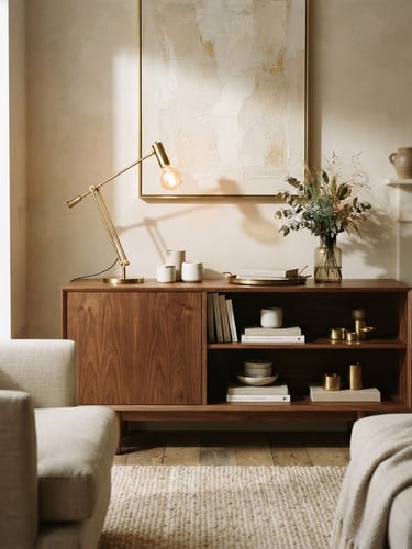 Warm editorial photography, soft morning window light, rich walnut and beige tones, shallow depth of field, 35mm. A beautifully styled living room featuring a solid walnut credenza and hand-finished brass lighting, casting soft shadows on a beige plaster wall.