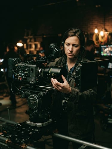 Moody low-key cinematic film photography of a director adjusting an anamorphic lens on a professional camera rig, deep forest green shadows, warm tungsten practical lights in the background.