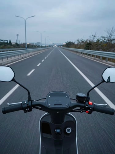 First-person rider perspective looking down a sparse urban bike lane at dusk under cool overcast light, scooter handlebars and throttle grip in foreground, empty road geometry ahead, no people visible