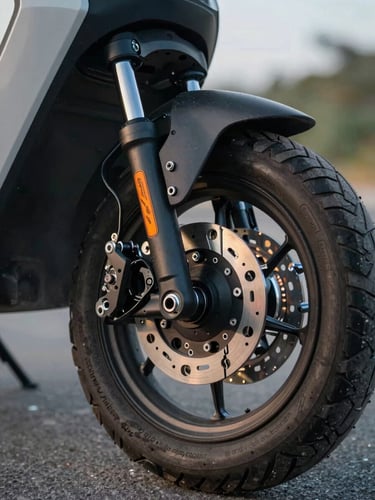 Side-angle cutaway view of an electric scooter wheel hub and motor, electromagnetic components exposed, annotated with precise mechanical framing, lit by cool north-facing daylight, no text overlays, no riders