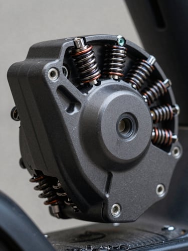 Extreme close-up of an electric scooter motor housing, electromagnetic coil windings visible under cool studio strobe light, dark graphite surface, sharp mechanical detail, no rider