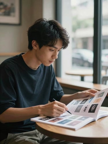 Young adult seated at a coffee shop table reviewing a printed branding mood board, soft diffused daylight from a large window to their right, genuine concentration on their face in three-quarter profile, quiet and unhurried atmosphere