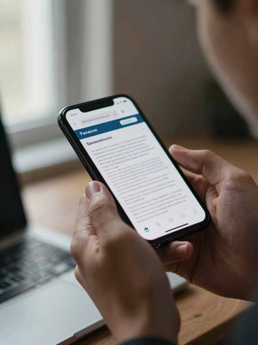 Close-up of a young adult's hands holding a smartphone showing a finance article, soft ambient light from a window to the left, shallow depth of field with a blurred desk surface below, quiet concentration visible in the slight forward lean
