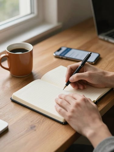 Close-up wide shot of a young adult's hands resting on a wooden desk beside an open notebook and a warm coffee mug, natural north-facing daylight filtering through a window off-frame left, soft shadows, a banking app visible on a phone screen in the background slightly out of focus, quiet home-office environment