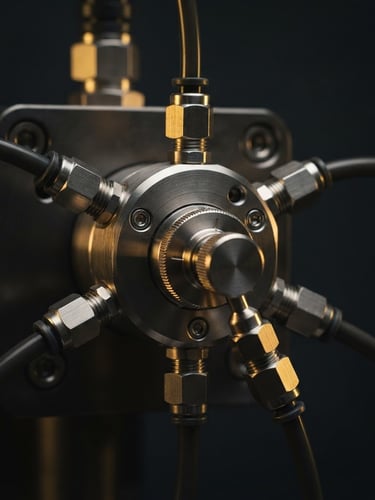 Macro photography of a high-performance liquid chromatography injection valve, deep charcoal background, subtle gold lighting highlighting the metallic precision, shallow depth of field.