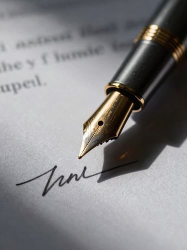 Macro close-up of a fountain pen resting on a signed legal document, textured paper, dramatic side lighting, deep shadows, metallic gold reflections.