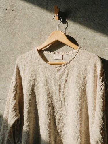 A minimalist garment hanging on a raw wooden peg against a concrete wall, low-angle afternoon sunlight, rich linen texture, shadows, 35mm