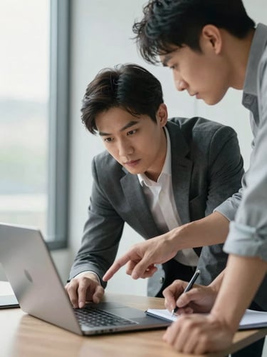Close-up of two professionals leaning over a laptop screen in a sunlit modern office, one pointing at candidate data, the other taking notes — window light from the left, clean background, focused and collaborative