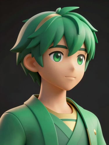 Futuristic semi-illustrated 3D avatar of Hikari Sensei: a calm, approachable humanoid figure rendered in clean emerald and gold tones against a dark background, geometric facial features suggesting intelligence and warmth, soft studio rim lighting