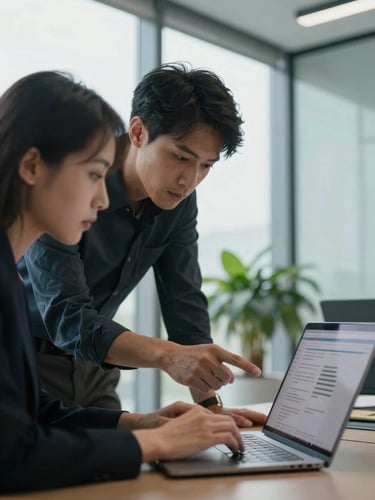 Close-up wide shot of two professionals leaning over a laptop in a modern glass-walled office, reviewing a candidate profile together, natural north-facing window light, emerald plant out of focus in background, hands visible mid-gesture on screen
