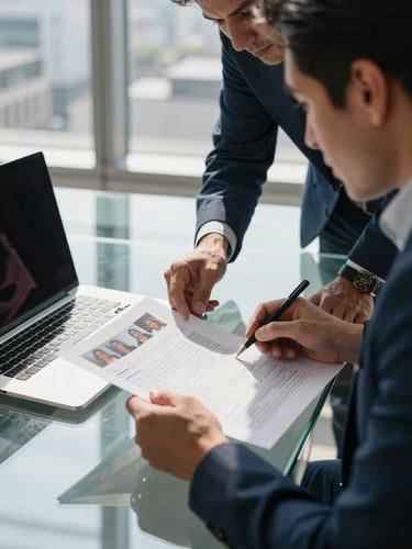 Close-up of two professionals leaning over a glass table reviewing a printed candidate profile and open laptop, natural side-window light casting clean shadows, modern Mexico City office background softly blurred, hands and focused expressions visible