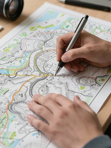 Close-up of hands annotating a printed topographic map with a technical pen on a drafting desk, controlled studio lighting emphasising paper texture and ink line weight, cartographic instruments partially visible at frame edge, no faces
