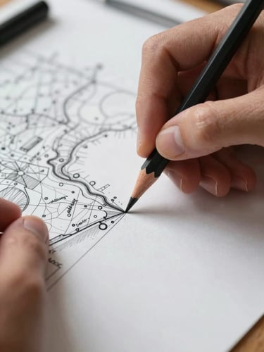 Extreme close-up of hands annotating a cartographic proof with a technical pencil on thick coated paper, even controlled studio lighting emphasising ink detail and paper grain, drafting tools partially visible at frame edge, no screens