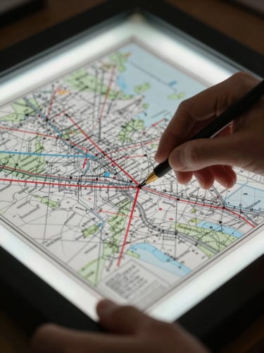 Extreme close-up, hands holding a cartographic proof sheet over a lightbox, red correction marks and precise annotations visible on the printed layer, controlled studio lighting emphasising paper grain and ink saturation, no people's faces, no lifestyle staging