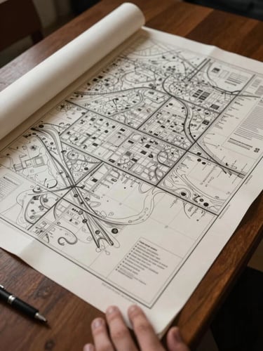 Wide overhead flatlay on a council planning table — a large-format printed institutional map spread open, sharp ink lines visible on cream cartographic paper, a hand resting at the lower edge with a technical pen, even north-facing studio light, no shadows, paper grain in focus