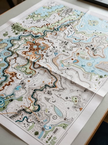 Overhead flatlay of a large-format printed topographic map spread across a light planning desk, close-up showing ink saturation on cartographic paper, precise linework visible under even north-facing daylight, no people