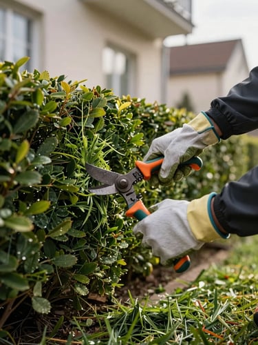 Close-up of gloved hands using hedge shears to trim a neat green hedge along the exterior wall of a Viennese residential property, morning light, freshly cut grass clippings on the ground below