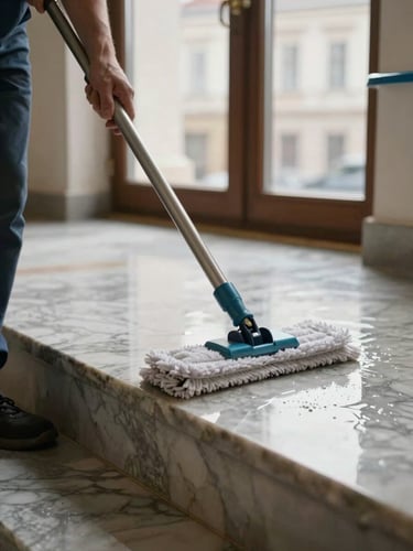 Close-up of a professional cleaner's hands mopping a polished marble stairwell in a Viennese apartment building, natural window light illuminating the clean wet surface, mop and bucket visible at the edge of the frame