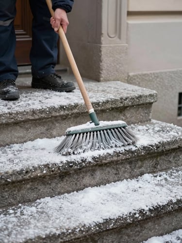 Close-up of a caretaker's hands using a broom on freshly salted stone steps of a Viennese apartment building entrance, winter light, concrete and salt texture visible, documentary framing from slightly above