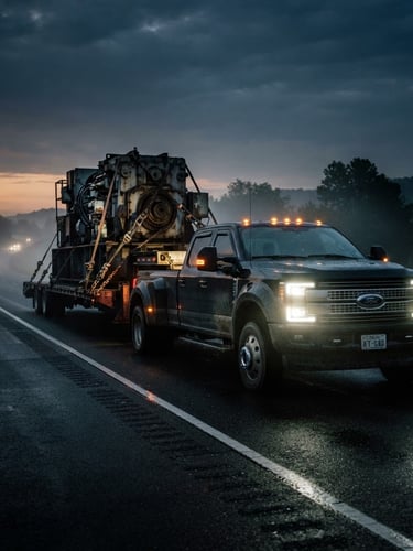 Low-angle heroic shot of a heavy-duty dually truck pulling a flatbed trailer loaded with massive industrial machinery, secured with specialized steel rigging, headlights cutting through mist at dawn, high contrast, sharp details.