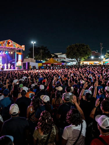 Wide-angle from inside the crowd at a Mexican outdoor festival, stage far left with colored lighting, thousands of people packed together under an open night sky, available venue light, energy visible in silhouettes and raised hands
