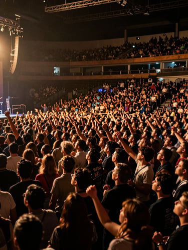 Wide shot from inside a packed Mexican concert venue, crowd pressing toward the stage under warm amber stage lights, energy and motion visible in the foreground, venue structure fading into darkness above