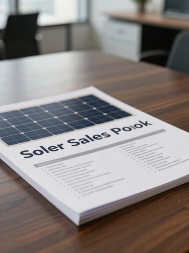 Close-up of a printed solar sales playbook on a dark wooden corporate table, modern office background, natural daylight, professional editorial style