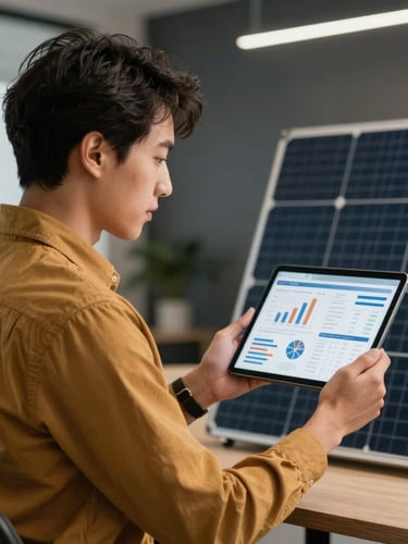A professional solar business executive looking at a tablet with data charts, warm task lighting, dark background, corporate office, 35mm lens