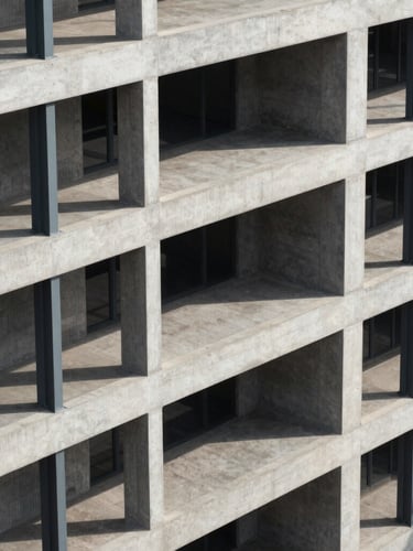 High-angle architectural elevation of a modern mixed-use concrete and steel building structure, crisp midday sun casting sharp geometric shadows, clean technical aesthetic.